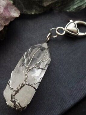 Quartz Crystal Tree of Life Keychain Charm Bag Wire Wrapped Stone